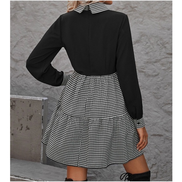 Gingham Color block Minimalist ruffle Hem Dress - Picture 4 of 6